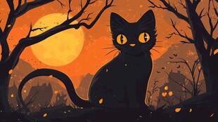 月夜黑猫 神秘的万圣节景象