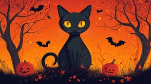 黑猫守南瓜的万圣夜景象
