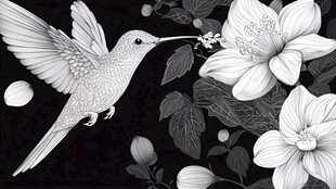 蜂鸟采花黑白艺术插画