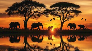 非洲草原日落大象剪影美景