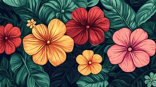 热带花卉与绿叶插画