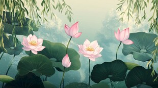 夏日荷塘荷花垂柳景致