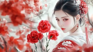 古风佳人伴红花
