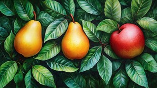 绿叶间的梨与红苹果