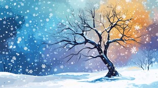 冬日雪景中孤独的老树