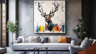 现代风客厅的鹿头艺术挂画
