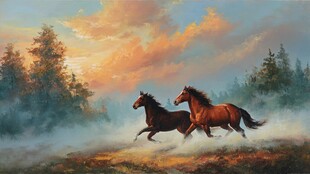 夕阳下双马奔腾的壮美景色