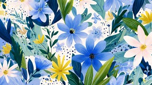 蓝白花卉水彩清新图案