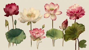 多样荷花与荷叶插画集合