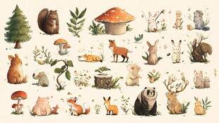 森林动物与植物插画集合