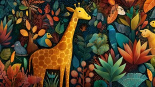 丛林中的长颈鹿与多彩植物