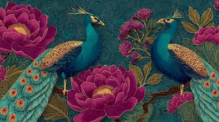孔雀牡丹图 绚丽花卉动物