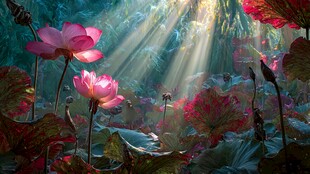 梦幻光影下的绚烂荷花池