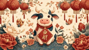牛年新春插画 萌牛送福