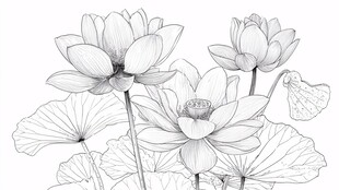 黑白线描荷花清雅之姿