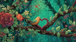 林中鸟儿栖于爱心花枝间