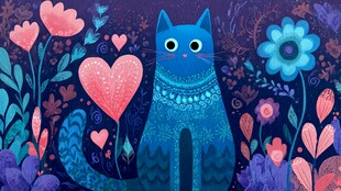 蓝猫置身浪漫花卉爱心间