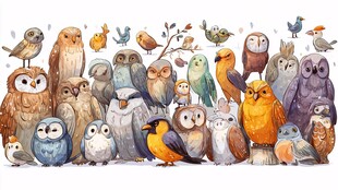 一群可爱猫头鹰与小鸟集合