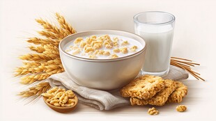 谷物早餐搭配牛奶与饼干