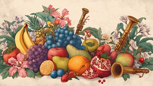 缤纷水果与乐器花卉组合