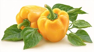 黄甜椒配绿叶新鲜诱人