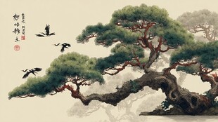 迎客松飞鸟图