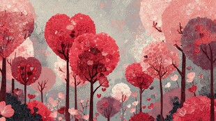 浪漫心形树林梦幻插画