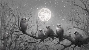 月夜下的猫头鹰家族