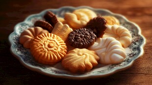 精美多样曲奇摆于复古盘