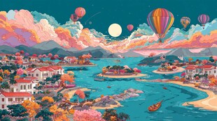 梦幻海滨夜景与缤纷热气球