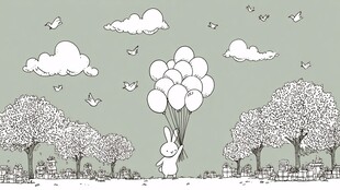 兔子持气球漫步春日图景