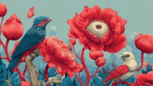 花鸟共绘奇幻艳丽花卉图景