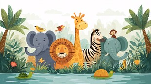 动物齐聚丛林欢乐场景