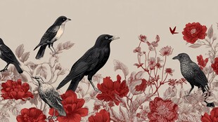 花鸟图中众鸟栖于繁花间