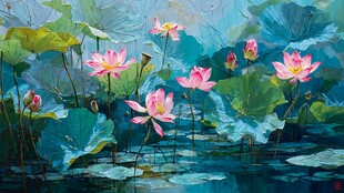 夏日荷塘荷花油画美景