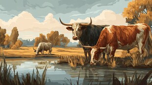 田园牧歌 牛群悠然饮水图景