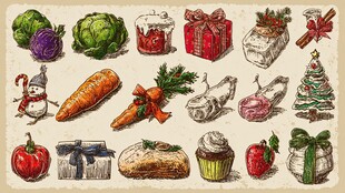 手绘圣诞美食与礼品集合