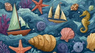 海洋元素插画 帆船贝壳海星