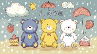 三只萌趣小熊的雨中甜蜜时光