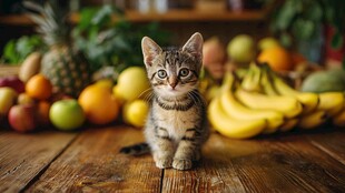 小猫立于缤纷水果前