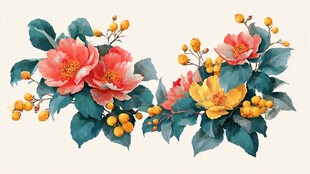 水彩花卉 艳丽花朵与浆果