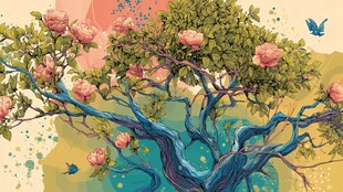 梦幻蓝树繁花飞鸟插画