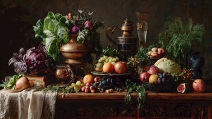 古典静物 丰盛果蔬与器物