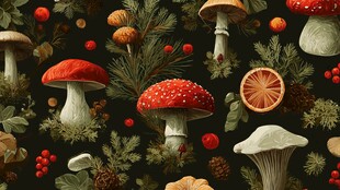 森林蘑菇与植物梦幻插画