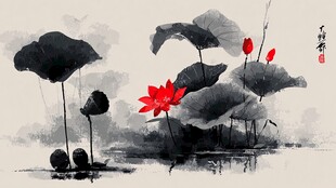 水墨荷花图 红荷映墨叶