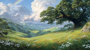 山间绿野彩虹下的静谧景致