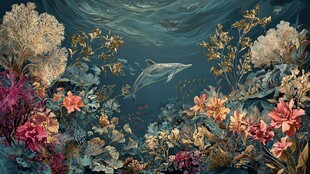 梦幻海底花卉与海豚景象