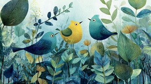 林中三鸟栖于繁茂绿植间