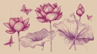 手绘荷花与蝴蝶优雅插画