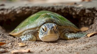 绿海龟从沙中探出脑袋